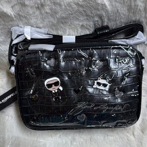 Karl Lagerfeld Black Glossy Crossbody Bag with Script Design